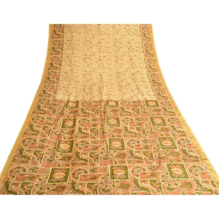 Sanskriti Vintage Beige Sarees Printed Pure Silk Sari Soft Floral Craft Fabric, PR-58079