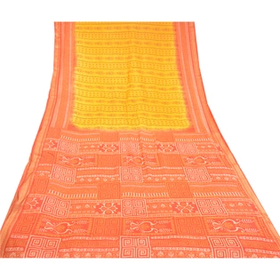 Sanskriti Vintage Canary Yellow Sarees Pure Silk Printed Sari 5Yd Craft Fabric, PR-58203