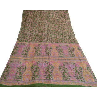 Sanskriti Vintage Green Sarees Indian Printed Pure Silk Sari 5Yd Craft Fabric, PR-58013