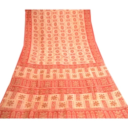 Sanskriti Vintage Red Indian Pure Silk Sarees Printed Sari Floral Craft Fabric, PR-57480