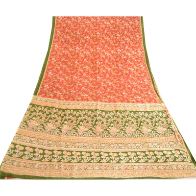 Sanskriti Vintage Sarees From India Red Pure Silk Printed Sari Soft Craft Fabric, PR-63572