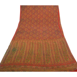 Sanskriti Vintage Red Indian Sarees Pure Silk Printed Sari Soft 5Yd Craft Fabric, PR-53266