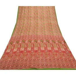 Sanskriti Vintage Red Sarees 100% Pure Silk Printed Sari Soft 5Yd Craft Fabric, PR-53624