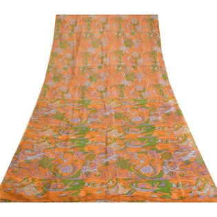 Sanskriti Vintage Sarees Saffron Indian Printed Pure Silk Sari Soft Craft Fabric, PR-63594