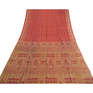 Sanskriti Vintage Sarees Dark Red Pure Silk Printed Sari Floral 5Yd Craft Fabric, PR-63599