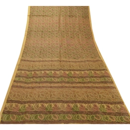 Sanskriti Vintage Cream Sarees 100% Pure Silk Printed Sari Craft Decor Fabric, PR-49548