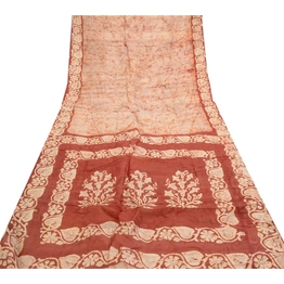 Sanskriti Vintage Sarees From India Batik Printed Cream Pure Silk Sari Fabric, PR-61343