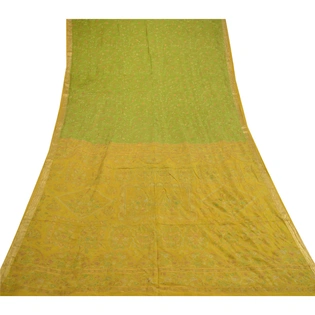 Sanskriti Vintage Green Golden Printed Sarees Pure Silk Sari Soft Craft Fabric, PR-58536