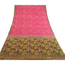 Sanskriti Vintage Blush Pink Sarees Pure Silk Printed Sari Floral Craft Fabric, PR-58615