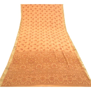 Sanskriti Vintage Brown Sarees Pure Silk Printed Zari Border Sari Craft Fabric, PR-58509