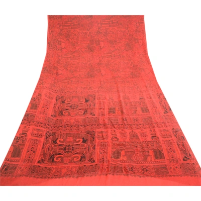 Sanskriti Vintage Red Indian Sarees 100% Pure Silk Printed Sari Craft Fabric, PR-58463