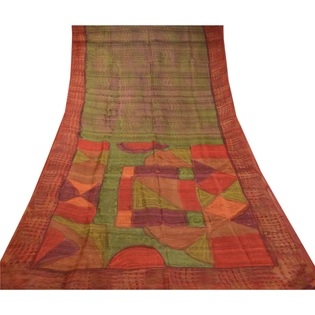 Sanskriti Vintage Green Indian Sarees Pure Silk Printed Sari Decor Craft Fabric, PR-58334