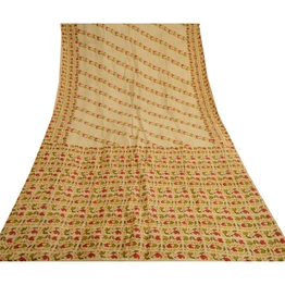 Sanskriti Vintage Cream Indian Sarees 100% Pure Silk Printed Sari Craft Fabric, PR-57727