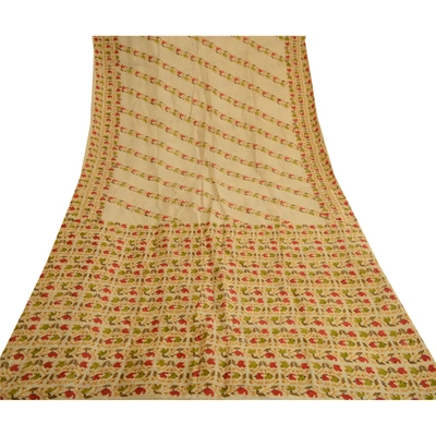 Sanskriti Vintage Cream Indian Sarees 100% Pure Silk Printed Sari Craft Fabric, PR-57727