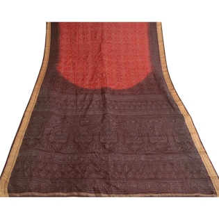 Sanskriti Vintage Red Sarees Printed Pure Silk Sari Soft Floral 5Yd Craft Fabric, PR-58080