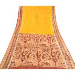 Sanskriti Vintage Sarees Yellow Pure Silk Animal Printed Sari Soft Craft Fabric, PR-63555