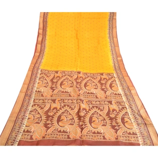 Sanskriti Vintage Sarees Yellow Pure Silk Animal Printed Sari Soft Craft Fabric, PR-63555