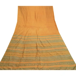 Sanskriti Vintage Sarees Mustard Pure Silk Printed Sari Floral Soft Craft Fabric, PR-61624