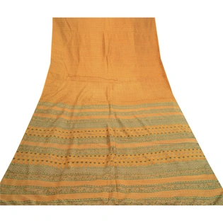 Sanskriti Vintage Sarees Mustard Pure Silk Printed Sari Floral Soft Craft Fabric, PR-61624