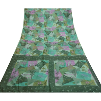 Sanskriti Vintage Sarees Green Indian Pure Silk Printed Sari Decor Craft Fabric, PR-61557