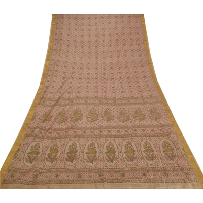 Sanskriti Vintage Brown Sarees Pure Silk Printed Zari Border Sari Craft Fabric, PR-53786