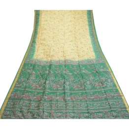 Sanskriti Vintage Sarees Cream Pure Silk Printed Zari Border Sari Craft Fabric, PR-60853