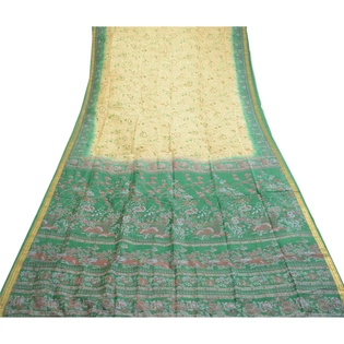 Sanskriti Vintage Sarees Cream Pure Silk Printed Zari Border Sari Craft Fabric, PR-60853