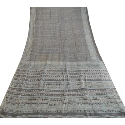 Sanskriti Vintage Sarees Block Printed Gray Pure Silk Sari 5Yd Soft Craft Fabric, PR-63753