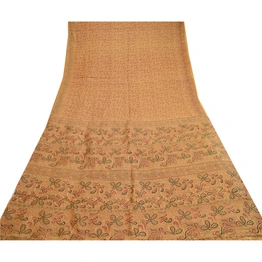 Sanskriti Vintage Sarees Beige Indian Pure Silk Printed Sari Floral Craft Fabric, PR-60658