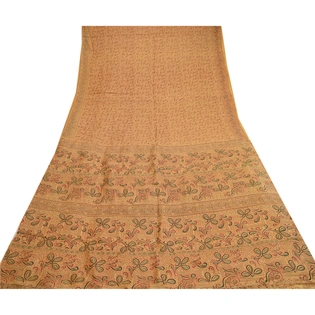 Sanskriti Vintage Sarees Beige Indian Pure Silk Printed Sari Floral Craft Fabric, PR-60658