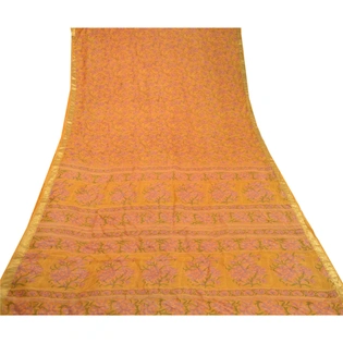 Sanskriti Vintage Saffron Sarees Pure Silk Printed Zari Border Sari Craft Fabric, PR-58276