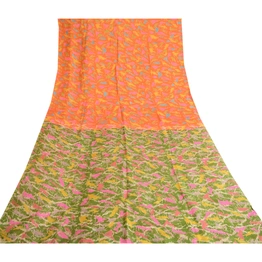 Sanskriti Vintage Orange Indian Sarees Printed 100% Pure Silk Sari Craft Fabric, PR-57697