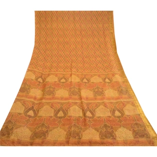 Sanskriti Vintage Mustard Indian Sarees 100% Pure Silk Printed Sari Craft Fabric, PR-58141