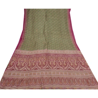 Sanskriti Vintage Green Indian Sarees 100% Pure Silk Printed Sari Craft Fabric, PR-55700