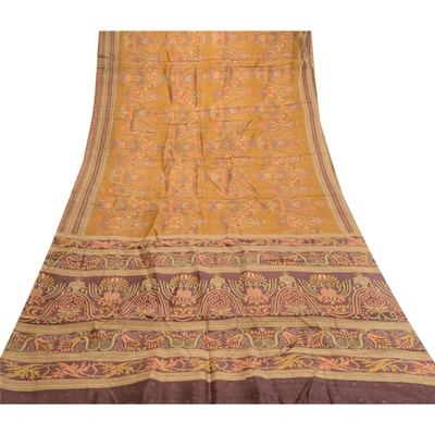 Sanskriti Vintage Sarees Brown Indian Pure Silk Printed Sari 5Yd Craft Fabric, PR-61273