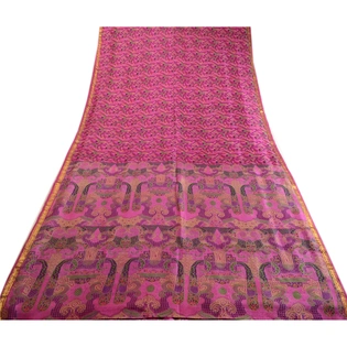 Sanskriti Vintage Sarees Purple Printed Zari Border Pure Silk Sari Craft Fabric, PR-63781