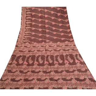 Sanskriti Vintage Sarees Indian Brown Printed Pure Silk Sari Floral Craft Fabric, PR-61290