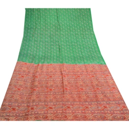 Sanskriti Vintage Green Indian Sarees 100% Pure Silk Printed Sari Craft Fabric, PR-58803