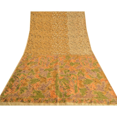 Sanskriti Vintage Golden Printed Sarees 100% Pure Silk Sari Decor Craft Fabric, PR-58784