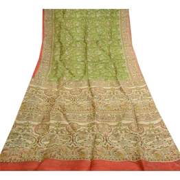 Sanskriti Vintage Green Sarees 100% Pure Silk Peacock Printed Sari Craft Fabric, PR-59055