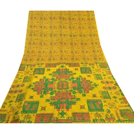 Sanskriti Vintage Yellow Indian Sarees 100% Pure Silk Printed Sari Craft Fabric, PR-56075