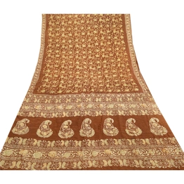 Sanskriti Vintage Sarees Batik Printed Brown 100% Pure Silk Sari Craft Fabric, PR-61153