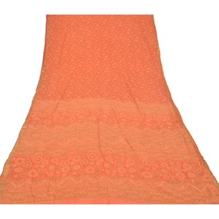 Sanskriti Vintage Peach Indian Sarees 100% Pure Silk Printed Sari Craft Fabric, PR-56009