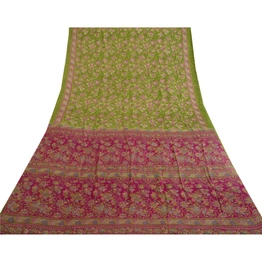 Sanskriti Vintage Sarees Green Indian Pure Silk Printed Sari Floral Craft Fabric, PR-63994