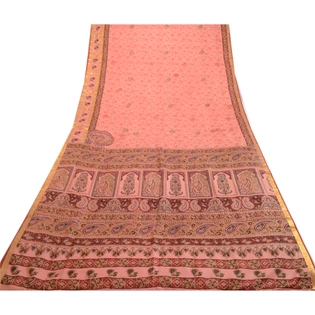 Sanskriti Vintage Sarees Pink Zari Border Pure Silk Printed Sari Craft Fabric, PR-63865