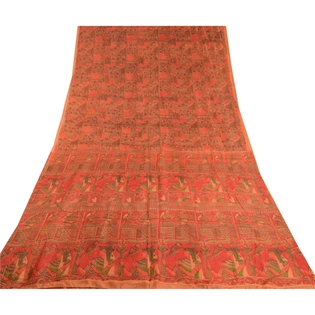 Sanskriti Vintage Sarees Indian Red Pure Silk Women Printed Sari Craft Fabric, PR-61896