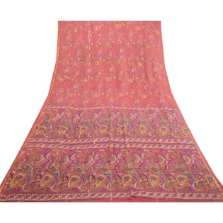 Sanskriti Vintage Sarees Pink Pure Chinon Silk Printed Woven Sari Craft Fabric, PR-63879