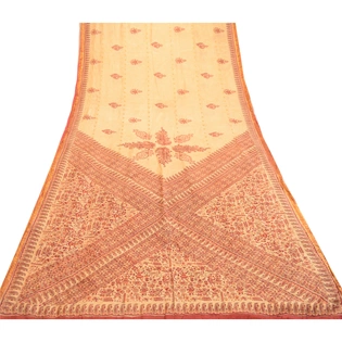 Sanskriti Vintage Sarees Beige Pure Silk Printed Zari Border Sari Craft Fabric, PR-61775