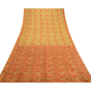 Sanskriti Vintage Sarees Green Pure Silk Peacock Printed Sari Soft Craft Fabric, PR-61671