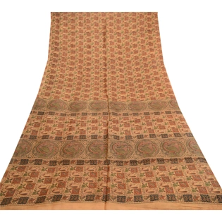 Sanskriti Vintage Sarees Animal Printed Pure Silk Brown Sari 5Yd Craft Fabric, PR-61692